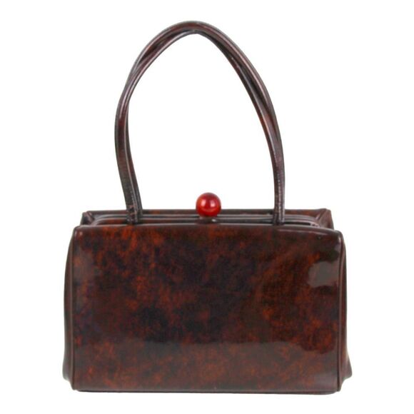 VINTAGE Palizzio PATENT BROWN LEATHER FRAME BAKELITE HANDBAG POCKETBOOK SATCHEL - Picture 1 of 15